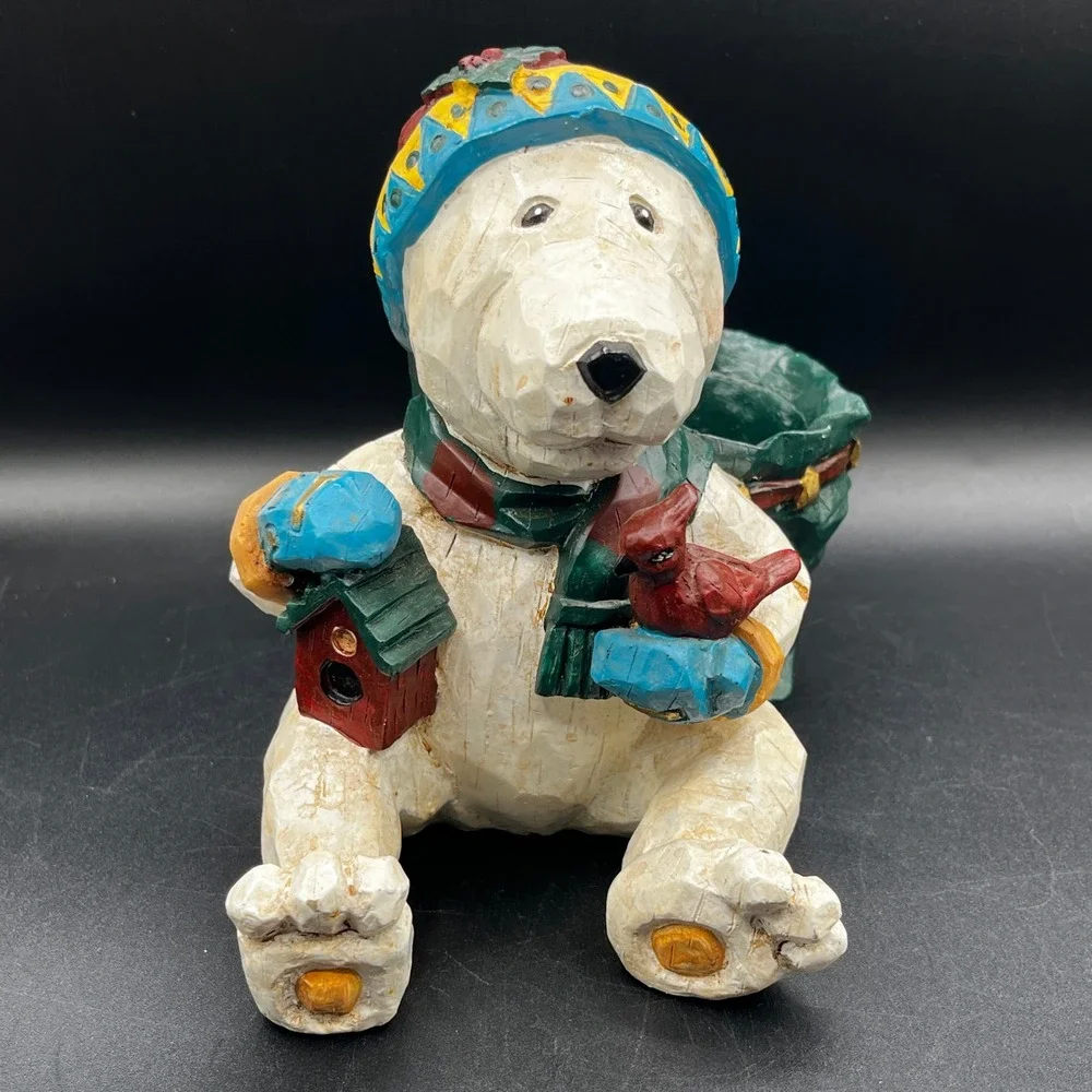 Holiday Resin Polar Bear Figurine Planter Candy Dish Cardinal Gift Sack 6.5